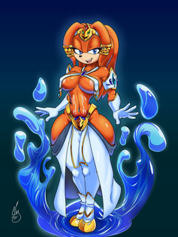 anthro armor barely_visible_areola blue_eyes clothing female gloves gold_(metal) gold_jewelry handwear jewelry smile solo unconvincing_armor water wide_hips barely_sly sega sonic_adventure sonic_the_hedgehog_(series) tikal_the_echidna echidna mammal monotreme 3:4 hi_res