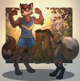 4_toes anthro barefoot bottomwear brown_body brown_fur clothed clothed_anthro clothed_female clothed_male clothing digitigrade domino_mask duo eyemask eyewear feet female flexing fur hair holding_bottomwear holding_clothing holding_object holding_pants male mask multicolored_body multicolored_fur orange_body orange_fur pants shirt shorts tail tank_top toes topwear two_tone_body two_tone_fur white_body white_fur white_hair yellow_eyes howlart alex_procyon brea_armatai canid canine fox mammal procyonid raccoon hi_res story story_in_description
