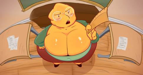 anthro big_breasts blush blush_lines bottomwear breasts brown_bottomwear brown_clothing brown_footwear brown_shoes brown_skirt cleavage clothed clothing eyewear female footwear front_view glasses hand_on_hip high-angle_view holding_object holding_ruler huge_breasts looking_at_viewer navel_outline non-mammal_breasts open_mouth orange_body orange_scales overweight overweight_anthro overweight_female round_glasses ruler scales shoes skirt solo thick_thighs wide_hips vyralewd undertale_(series) alphys scalie 256:135 4k absurd_res hi_res