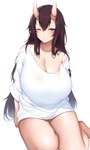 big_breasts breasts cleavage clothed clothing female hair horn huge_breasts long_hair not_furry one_eye_closed shirt solo topwear suruga_(xsurugax) horned_humanoid humanoid 3:5 absurd_res hi_res