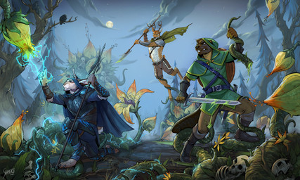 abs anthro antlers armor battle belt bone boots bottomwear bracers chainmail claws cloak clothed clothing cloud cloven_hooves flower footwear fur group hooves horn jumping kneeling magic male melee_weapon moon on_one_knee pauldron plant plate_armor polearm scabbard scut_tail severed_tentacle shirt shoes short_tail shorts skeleton skull spear sword tail tentacle_around_leg tentacles toe_claws toeless_footwear topless topwear tree trio tunic weapon shamerli aldert_vaillant carl_beaudoin jack_richard_snow ambient_bird beaver deer jackalope lagomorph mammal rodent 2026 digital_media_(artwork) hi_res signature