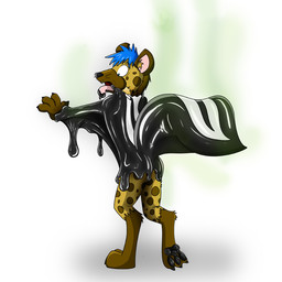 ambiguous_gender anthro biped black_body black_nose black_pawpads blue_hair brown_body brown_ears brown_fur brown_markings brown_paws brown_snout brown_spots butt digitigrade feet fur glistening glistening_body goo_drip goo_transformation hair latex leg_markings looking_at_hand looking_at_own_hand markings mid_transformation nude open_mouth pawpads rear_view simple_background skunk_tail smelly socks_(marking) solo species_transformation spots standing stink_fumes stink_lines stripes surprised tail tongue tongue_out transformation white_markings white_stripes yellow_body yellow_fur fox0808 frisky-lime hyena mammal mephitid skunk spotted_hyena 1:1 2010 colored