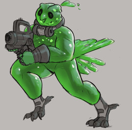 action_pose anthro beak bone featureless_crotch green_body grey_background holding_rocket_launcher male male_anthro open_mouth pose simple_background simple_eyes solo translucent translucent_body jezzlen deadlock_(game) valve avian goo_creature hi_res