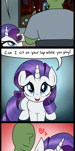 acting_like_a_cat blue_eyes clothed clothing computer dialogue duo electronics eyelashes feral green_body hair half-closed_eyes heart_symbol horn looking_at_viewer mouth_closed narrowed_eyes on_lap open_mouth pleading_eyes pupils purple_hair quadruped rear_view requesting shirt sitting smile text topwear white_body white_sclera vomitvomiting friendship_is_magic hasbro my_little_pony mythology slay_the_spire anon rarity_(mlp) the_defect equid equine human mammal mythological_creature mythological_equine unicorn absurd_res comic english_text hi_res