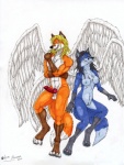 anthro balls beard blonde_hair blue_body blue_fur breasts duo erection facial_hair feathered_wings feathers female fur genitals hair male nipples nude penis pussy tail wings ace_stryker angel canid canine fox mammal 2012 hi_res