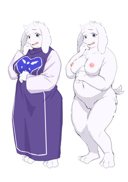 2_horns anthro areola biped breasts clothed clothed_anthro clothed_female clothing female female_anthro front_view fully_clothed fully_clothed_anthro fully_clothed_female fur genitals horn looking_at_viewer mature_anthro mature_female medium_breasts monotone_body monotone_fur navel nipples nude nude_anthro nude_female scut_tail short_tail simple_background slightly_chubby slightly_chubby_anthro slightly_chubby_female solo standing tail vulva white_background white_body white_fur ko0000bun undertale_(series) toriel boss_monster_(undertale) bovid caprine goat mammal 2026 cel_shading digital_drawing_(artwork) digital_media_(artwork) shaded