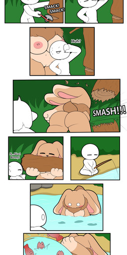 4_fingers anthro areola axe big_breasts big_butt blush blush_stickers bodily_fluids breasts brown_body brown_ears brown_fur brown_tail butt dialogue duo eyes_closed female female_anthro fingers fishing fishing_rod floppy_ears fur genitals gloves_(marking) hand_on_hip hand_on_own_hip holding_axe holding_object larger_anthro larger_female lop_ears male male_human markings motion_lines multicolored_body multicolored_ears multicolored_fur neck_tuft nipples no_pupils nude nude_anthro nude_female open_mouth open_smile outdoor_nudity outside partially_submerged pink_areola pink_inner_ear pink_nipples pink_tongue plant scut_tail short_tail sitting size_difference smack_(sound_effect) smaller_human smaller_male smash_(sound_effect) smile sound_effects splashing_water standing sweat sweatdrop tail tan_body tan_breasts tan_ears tan_fur text thick_thighs tongue tree tuft vulva water whew white_body white_eyes wiping_forehead wiping_sweat tonytoran monster_bunny_(tonytoran) aquatic fish human lagomorph leporid mammal rabbit 2025 absurd_res comic digital_media_(artwork) english_text hi_res