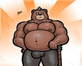 anthro barazoku belly black_clothing bulge clothing detailed_bulge electric_guitar guitar male musclegut muscular muscular_male musical_instrument nipples obese obese_anthro overweight overweight_anthro plucked_string_instrument rockstar simple_background slightly_chubby solo string_instrument alanottaviano bear mammal hi_res
