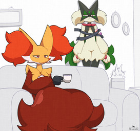 ambiguous_gender anthro container cup duo flower_(anatomy) fur furniture green_body green_fur inner_ear_fluff jewelry mask necklace orange_inner_ear_fluff orange_nose pawpads paws pink_eyes pink_nose red_body red_eyes red_fur smile sofa tape taped_to_wall tuft white_body white_fur yellow_body yellow_ears yellow_fur razgrizdl nintendo pokemon avery_(razgrizdl) rose_(razgrizdl) delphox generation_6_pokemon generation_9_pokemon meowscarada pokemon_(species) 2026 hi_res