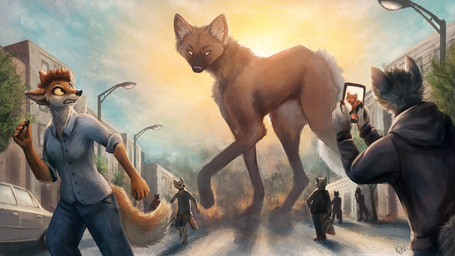 ambiguous_gender anthro building chest_tuft city clothed clothing cloud detailed_background female feral fully_clothed fur group inner_ear_fluff leg_markings light macro male markings neck_tuft outside running sky socks_(marking) street_lamp sun tuft kebi canid canine mammal maned_wolf 16:9 2021 hi_res lighting signature widescreen