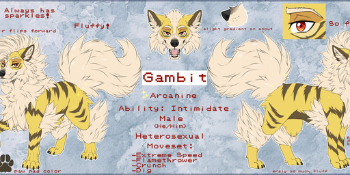 abstract_background claws color_swatch fangs feral fluffy fluffy_tail fur half-closed_eyes inner_ear_fluff looking_at_viewer male narrowed_eyes open_mouth pawpads paws red_eyes solo sparkles striped_body striped_fur stripes tail teeth text tongue tuft yellow_body yellow_fur cajunfoxnight nintendo pokemon gambit_(cajunfoxnight) arcanine canid canine generation_1_pokemon mammal pokemon_(species) shiny_pokemon 2024 character_name english_text hi_res model_sheet