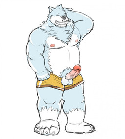 anthro balls black_nose blue_body clothing erection eyes_closed genitals humanoid_genitalia humanoid_hands humanoid_penis kemono male nipples overweight overweight_male penis simple_background solo underwear white_background white_body l2al3biz canid canine canis domestic_dog mammal 2015 hi_res