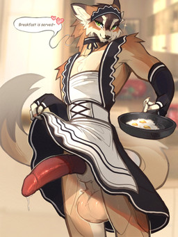 anthro arm_tuft arm_warmers armwear athletic balls big_balls big_penis bodily_fluids clothed clothing cooking cookware crossdressing dialogue dipstick_tail egg erection erection_under_clothing frying_pan genital_fluids genitals green_eyes holding_frying_pan huge_balls kitchen_utensils leaking_precum light long_tail looking_at_viewer maid_headdress maid_uniform male male_anthro markings penis precum shoulder_tuft solo speech_bubble sunlight tail tail_markings text tools tuft uniform aquill felid feline mammal 2026 3:4 absurd_res digital_drawing_(artwork) digital_media_(artwork) english_text hi_res