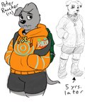 anthro backpack bottomwear clothing collar cross female fishnet_clothing fur grey_body grey_fur hoodie male piercing shorts solo stubble topwear lazy_ruby onyx_raucher canid canine canis domestic_dog mammal pit_bull trans_(lore) trans_woman_(lore)