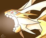 ambiguous_gender brown_background glistening glistening_eyes horn open_mouth side_view simple_background solo white_body white_horn yellow_body yellow_horn imperatorcaesar nintendo pokemon generation_7_pokemon legendary_pokemon necrozma pokemon_(species) ultra_necrozma signature