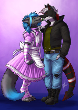 anthro anthro_on_anthro armwear big_fangs black_body black_boots black_clothing black_footwear black_fur black_tail blue_bottomwear blue_clothing blue_eyes blue_hair blue_pants blue_tail boots bottomwear claws clothed clothing collar crossdressing dipstick_tail dress duo ears_back fangs femboy footwear french_kissing fur gradient_background green_clothing green_tongue green_topwear grey_tail hair kissing legwear licking_tongue maid_uniform male male/male markings open_mouth pants pattern_armwear pattern_clothing pattern_legwear pink_armwear pink_clothing pink_collar pink_dress pink_legwear pink_tongue pivoted_ears red_body red_eyes red_fur red_hair red_tail shoes short_hair side_view simple_background standing striped_armwear striped_clothing striped_legwear striped_markings striped_tail stripes tail tail_markings teeth toe_claws tongue topwear uniform white_armwear white_body white_claws white_clothing white_fur white_hair white_legwear hufnaar canid canine mammal 2020 absurd_res dated hi_res