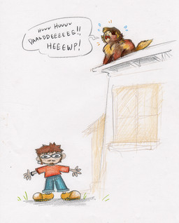 ambiguous_gender baby_talk beard bodily_fluids bottomwear brown_body brown_clothing brown_footwear brown_fur brown_hair brown_mane brown_shoes brown_tail building chibi clothing denim denim_bottomwear denim_clothing dialogue domestic_pet duo eyes_closed facial_hair feral footwear fur hair house jeans male male_human mane mustache on_roof open_mouth outside pants red_clothing red_shirt red_topwear shirt shoes sideburns simple_background speech_bubble standing sweat sweatdrop tail talking_feral text topwear white_background yelling ed_mortis fluffy_pony josephine_jellybean fluffy_pony_(species) human mammal 2022 colored_pencil_(artwork) english_text handwritten_text intralingual_translation shaded traditional_media_(artwork) female_(lore) trans_(lore) trans_man_(lore)
