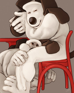 anthro black_ears black_nose blowjob_under_table brown_eyes duo fellatio fur looking_up_at_another male male/male narrowed_eyes oral penile selfcest sex simple_background sitting slightly_chubby slightly_chubby_male square_crossover white_body white_fur ravuer aardman_animations wallace_and_gromit gromit_(wallace_and_gromit) canid canine canis domestic_dog mammal 4:5 absurd_res hi_res