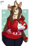 anthro big_breasts braided_hair breasts clothing curvy_figure female hair holidays huge_breasts smile solo sweater thick_thighs topwear voluptuous wide_hips jwinkz christmas olive_(rawk_manx) deer mammal new_world_deer reindeer 2018 absurd_res hi_res