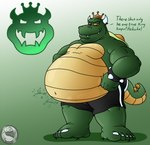 anthro belly big_belly bottomwear bracelet clothing cracked_ground crown dialogue furgonomics furry-specific_piercing green_body hands_on_hips headgear horn horn_piercing jewelry male obese obese_anthro obese_male overweight overweight_anthro overweight_male piercing rumbling_stomach shell shorts simple_background solo sound_effects spiked_bracelet spikes symbol tail text thick_feet thick_thighs yellow_eyes sld64 mario_bros nintendo king_koopa koopa reptile scalie 2022 english_text hi_res