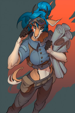 5_fingers anthro biped bottomwear breasts clothed clothed_anthro clothed_female clothing countershade_accent countershade_torso countershading female fingers front_view fully_clothed fully_clothed_anthro fully_clothed_female fur hair horn navel simple_background solo standing tail topwear okithau layla_(mrdirt) antelope bovid gazelle mammal 2026 2:3 digital_drawing_(artwork) digital_media_(artwork) hi_res