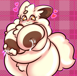 areola belly big_tail blush blush_lines bodily_fluids breast_milking dark_areola erect_nipples female fluffy lactating milk neck_tuft nipples overweight palmorph solo tail tuft conditional_dnp tuvandalist palworld pocketpair cremis pal_(species) hi_res