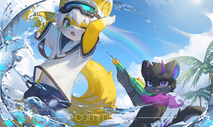 anthro black_body black_fur countershading duo eyewear eyewear_on_head fur goggles goggles_on_head hair horn kemono male male/male one_eye_closed open_mouth palm_tree partially_submerged plant rainbow toy toy_gun tree water water_gun white_hair yellow_body yellow_fur young young_anthro young_male emolga_1 mammal 2022 chinese_description hi_res watermark