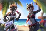 anthro bikini black_nose brown_eyes brown_hair clothed clothing detailed_background duo female hair midriff navel purple_eyes smile swimwear tongue two-piece_swimsuit hihikori canid canine canis fox hybrid mammal wolf 2017 digital_media_(artwork)