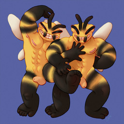 abs anthro armpit_showing big_nipples duo feet foreskin genitals humanoid_feet male muscular muscular_male nipples pecs penis pink_nipples plantigrade silly_pose simple_background smile soles thick_penis yellow_body ravuer arthropod bee hymenopteran insect 1:1 hi_res