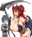 armor bent_over big_breasts black_hair blue_eyes blush book breasts cleavage clothed clothing duo eyewear female glasses hair hand_on_hip huge_breasts male melee_weapon membrane_(anatomy) membranous_wings not_furry polearm red_eyes red_hair scythe simple_background skimpy smile weapon wings kloah13 demon human humanoid mammal summon hi_res