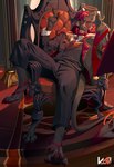 anthro bottomwear cigar clothed clothing collar detailed_background first_person_view hair leash leashed_collar leashed_pov male mane necktie pants red_hair shirt sitting smoking smoking_cigar solo topwear vesper_art dietrich_von_verlangen bat mammal 2024 absurd_res hi_res