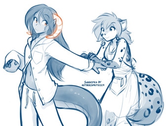 5_fingers anthro biped bottomwear breasts clothed clothed_anthro clothed_female clothed_humanoid clothing crotch_lines duo female fingers front_view fully_clothed fully_clothed_female fully_clothed_humanoid fur hair horn looking_at_another looking_back looking_back_at_another markings navel simple_background smile spots spotted_body spotted_fur spotted_markings spotted_tail standing tail tail_markings topwear conditional_dnp tom_fischbach mythology twokinds kathrin_vaughan madam_reni_(twokinds) animal_humanoid dragon dragon_humanoid horned_humanoid humanoid keidran mythological_creature mythological_scalie scalie 2026 blue_and_white digital_drawing_(artwork) digital_media_(artwork) hi_res monochrome spot_color