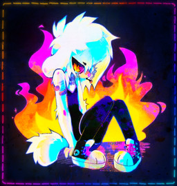 alternative_fashion ambiguous_anthro ambiguous_gender anthro band-aid bandage biped black_bottomwear black_clothing black_footwear black_pants black_shirt black_shoes black_sneakers black_tank_top black_topwear bodily_fluids border bottomwear chibi clothing crying dashed_border emo fire fluffy fluffy_hair footwear fur glamfur hair pants pink_eyes pink_nose scene_haircut shirt shoes sitting smoke smoking sneakers solo tail tank_top tears topwear white_body white_fur white_hair yellow_sclera fr34kpet wynter_(fr34kpet) canid canine canis domestic_dog mammal colorful_theme digital_media_(artwork) shaded signature