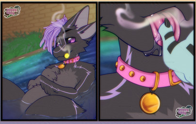 ambiguous_gender anthro belly breath cigar close-up collar grey_body hair open_mouth purple_eyes purple_hair smoke smoke_from_mouth smoking smoking_cigar solo solo_focus swimming_pool tongue tongue_out xpuppykittyzx avali hi_res