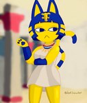 blue_hair bored clothed clothed_female clothing egyptian egyptian_clothing feline_ears feline_tail female hair looking_away solo yellow_body yellow_skin deafcucumber animal_crossing nintendo ankha_(animal_crossing) felid humanoid mammal absurd_res hi_res