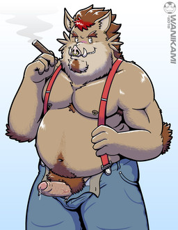 5_fingers anthro arm_tuft armpit_hair beard belly biped blush bodily_fluids body_hair bottomwear brown_body brown_fur brown_hair brown_nipples brown_penis cheek_tuft chest_tuft cigar claws clothed clothing denim denim_bottomwear denim_clothing ear_piercing elbow_tuft erection facial_hair facial_piercing facial_tuft fingers foreskin fur genital_fluids genitals glans hair humanoid_genitalia humanoid_penis jeans looking_at_viewer male musclegut muscular nipple_piercing nipple_ring nipples nose_piercing nose_ring open_bottomwear open_clothing overweight overweight_anthro overweight_male pants partially_clothed partially_retracted_foreskin penis piercing pink_glans precum pubes red_hair ring_piercing septum_piercing simple_background smile smirk smoke smoking solo standing suspenders teeth topless tuft tusks white_background wanikami dunn mammal suid suine sus_(pig) wild_boar 2015 digital_drawing_(artwork) digital_media_(artwork) hi_res portrait signature three-quarter_portrait