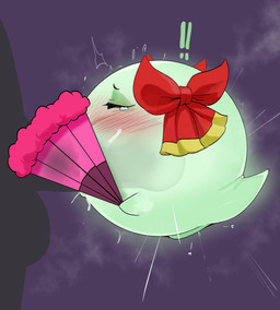 black_eyes blush bow_ribbon duo exclamation_point fellatio female folding_fan genitals green_body hand_fan male male/female not_furry oral penile penis sex vulva mdthetest mario_bros nintendo paper_mario lady_bow boo_(mario) ghost spirit hi_res