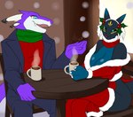 anthro beverage blue_body blue_fur candy chair chocolate christmas_clothing clothing dessert duo female food fur furniture holidays holly_(plant) hot_chocolate male outside plant purple_body scarf snow snowing table white_body furball bandai_namco christmas digimon mythology kibixmon mikomon canid canine digimon_(species) dragon fox mammal mythological_creature mythological_scalie reptile scalie