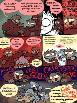 6_panel_comic anthro bottomwear brown_body brown_feathers bruised bruised_eye chin_tuft clothing collared_shirt dialogue facial_tuft feathers fur grey_body grey_fur group half-closed_eyes humor khaki_pants male narrowed_eyes open_mouth open_smile pants profanity shirt slightly_chubby slightly_chubby_anthro slightly_chubby_male smile speech_bubble sweatpants text topwear tuft happyroadkill isaiah_the_mormon_mouse orin_owl avian bird mammal mouse murid murine owl rodent absurd_res comic english_text hi_res