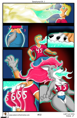 cloth clothed clothing comic_panel duo female forced forced_transformation fur gender_transformation grey_body grey_fur growth hair male partially_clothed pink_hair possession snout snout_growth speech_bubble text toony torn_clothing transformation wardrobe_malfunction yellow_eyes lightluxcollie denatured_(lightluxcollie) mythology faye_(lightluxcollie) yalzeema_(lightluxcollie) canid canine canis deity human mammal wolf 2018 comic hi_res story