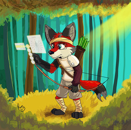 anthro armor arrow_(weapon) black_body black_fur black_nose black_tail blue_eyes blue_tail bottomwear bow_(weapon) clothed clothing forest fur futuristic green_eyes grey_bottomwear grey_clothing grey_shorts grey_tail heterochromia holding_bow_(weapon) holding_object holding_ranged_weapon holding_weapon logo male male_anthro mouth_closed outside plant quiver_(object) ranged_weapon red_body red_fur red_tail shorts solo standing tail topwear tree weapon white_body white_clothing white_fur white_topwear pandapaco canid canine mammal 2016 artist_logo dated signature