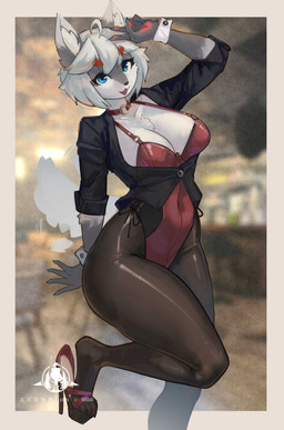 anthro big_breasts blue_eyes blurred_background bra breasts chest_tuft clothing collar cuffs_(clothing) female footwear fur gesture grey_body grey_fur grey_hair hair hand_gesture heelpop high_heels legwear leotard looking_at_viewer loose_footwear navel on_one_leg pantyhose shoe_dangle shoes short_hair smile solo standing tail tail_motion tailwag tuft underwear v_sign shanher canid mammal 2025 absurd_res digital_media_(artwork) hi_res