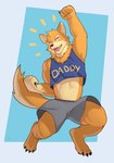 2021 anthro athletic athletic_anthro athletic_male blue_background border bottomwear canid canine canis claws clothed clothing countershading crop_top domestic_dog emanata english_text fist_bump gesture hi_res jrjresq jumping looking_at_viewer male mammal muscular muscular_male navel open_mouth open_smile shiba_inu shirt shorts simple_background smile solo spitz tank_top text text_on_clothing text_on_shirt text_on_tank_top text_on_topwear topwear white_border