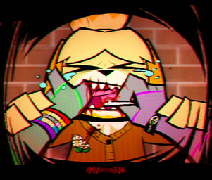 ambiguous_gender anthro armwear beaded_jewelry beads blood blood_in_mouth blood_on_face blood_on_hand blood_on_shirt blood_on_teeth blood_on_tongue blood_splatter bodily_fluids bracelet brick_floor cardigan clothing coughing_blood crying cutting duo female first_person_view fish_hooking fishnet_armwear fishnet_clothing frenulum fur gore grey_body grey_fur holding_mouth_open jewelry kandi_(jewelry) mouth_shot mouth_torture open_mouth peace_symbol razor razor_blade slice split_frenulum split_gums split_lip struggling tears tools torture wristband yellow_body yellow_fur xxv4mp_g4z3rxx animal_crossing nintendo isabelle_(animal_crossing) violet_redfern canid canine canis domestic_dog lagomorph leporid mammal rabbit shih_tzu toy_dog 2026 chromatic_aberration signature