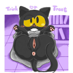3_toes anthro anus black_body black_fur blush bottomless butt clothed clothing cute_fangs ears_back fangs feet female fur genitals holidays looking_at_viewer open_mouth pivoted_ears solo spread_legs spreading tail teeth thin_tail toes vulva yellow_sclera diru google google_doodle halloween magic_cat_academy momo_(google) domestic_cat felid feline felis mammal 2019