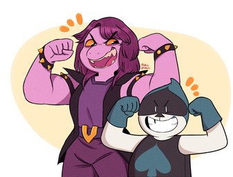 anthro bracelet clothed clothing duo female hair jewelry male smile spades_(suit) spiked_bracelet spikes suit_symbol teeth ryllcat21 deltarune undertale_(series) lancer_(deltarune) susie_(deltarune) darkner humanoid mammal reptile scalie 2018 digital_media_(artwork) hi_res
