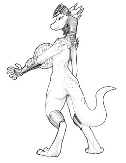 5_fingers anthro armor barely_visible_genitalia barely_visible_vulva butt casual_exposure claws female fingers genitals headgear helmet knight looking_away melee_weapon mostly_nude rear_view shield simple_background solo spikes standing sword tail vambrace vulva warrior weapon white_background w4g4 kobold reptile scalie black_and_white full-length_portrait monochrome portrait sketch