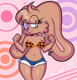 anthro big_ears bottomwear buckteeth cartoon_freckles clothing ear_piercing ear_ring ears_down eyelashes facial_tuft female floppy_ears freckled_face freckles hair hair_over_eye long_eyelashes navel piercing pink_background pivoted_ears ring_piercing shorts simple_background solo teeth tuft y2k_(graphic_design) blackmore blair_(blackmore) domestic_rabbit lagomorph leporid mammal oryctolagus rabbit absurd_res digital_drawing_(artwork) digital_media_(artwork) hi_res