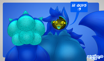 3_toes anthro big_breasts big_feet blue_body blue_fur blue_hair breasts claws cybernetics feet female female_anthro foot_fetish foot_focus freckles front_view fur hair huge_breasts long_tail looking_at_viewer machine open_mouth pawpads paws protogen_visor simple_background solo speech_bubble tail text toes yellow_eyes sokoyo_owo starry_(sokoyo_owo) canid canine cyborg mammal protogen hi_res