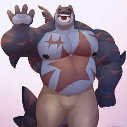 anthro black_nipples black_sclera brown_markings clothed clothing fangs fin gesture greeting_viewer male markings musclegut muscular navel nipples non-mammal_navel non-mammal_nipples open_mouth open_smile orange_eyes pecs raised_arm sharp_teeth simple_background smile smiling_at_viewer solo tail tail_fin teeth topless topless_anthro topless_male waving waving_at_viewer white_background same22shark nelson_(same22shark) aquatic fish shark digital_media_(artwork) hi_res portrait three-quarter_portrait